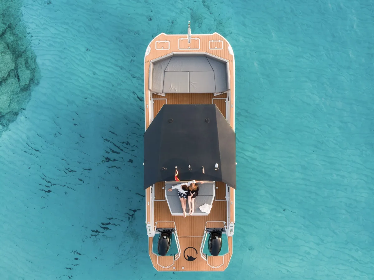 Overhead view of the catamaran with its sunshade and sundeck