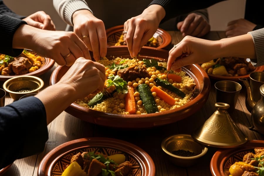 Hands sharing traditional couscous from communal bowl during Moroccan Family Kitchen experience in Marrakech