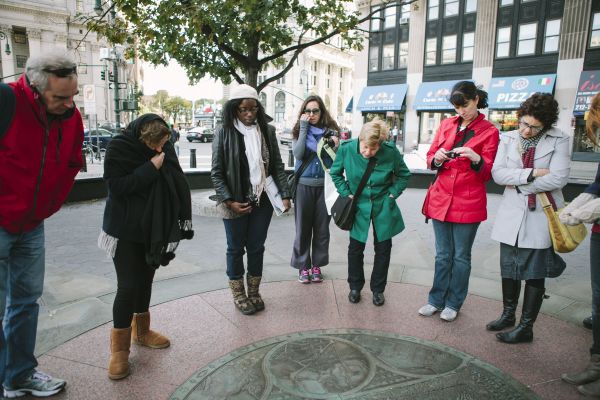 A group outside the NYC Slavery & Underground Railroad Tour