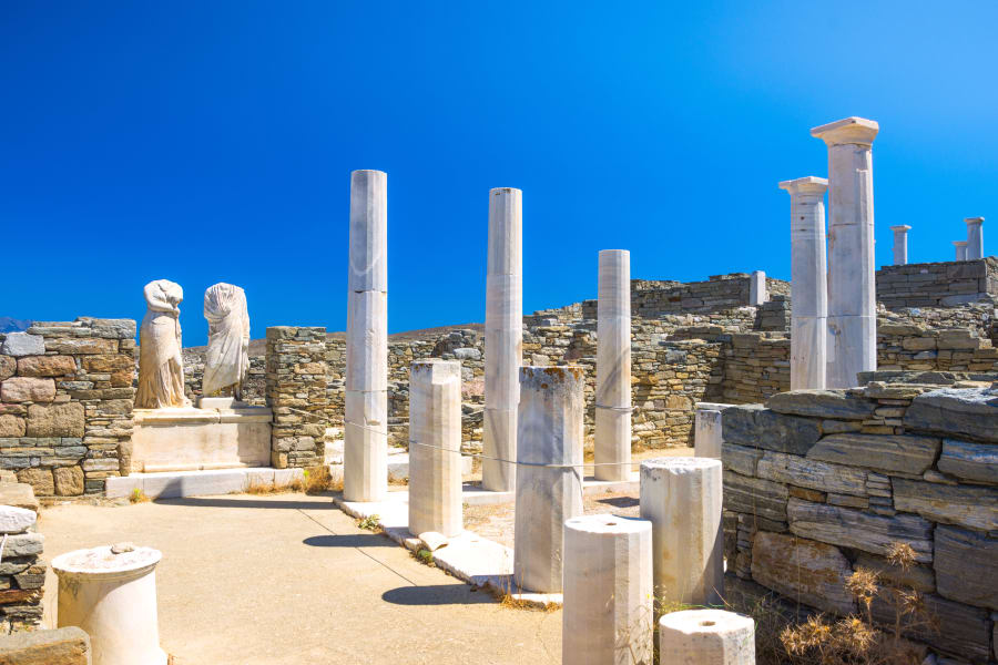 Ancient ruins in the island of Delos in Cyclades, one of the most important mythological, historical and archaeological sites in Greece.