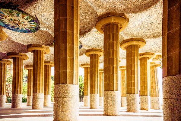 Mosaic ceiling and columns at Park Güell.