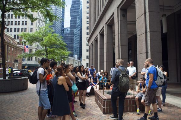 A group on a tour of the NYC Slavery & Underground Railroad Tour