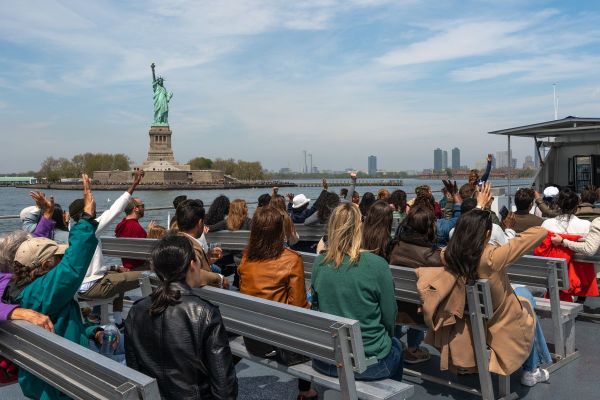 A guided group on the NYC Downtown Sightseeing Cruise