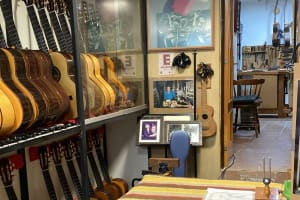 View of guitars in Guitarreria during private Spanish guitar artisan experience