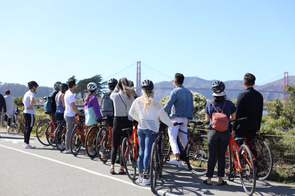 A group on the road on Golden Gate Bridge Bike 3 hr Tour